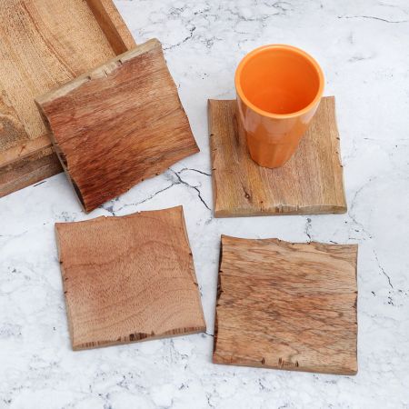 Antique Brown Finish Wooden Coasters - Pack of 4